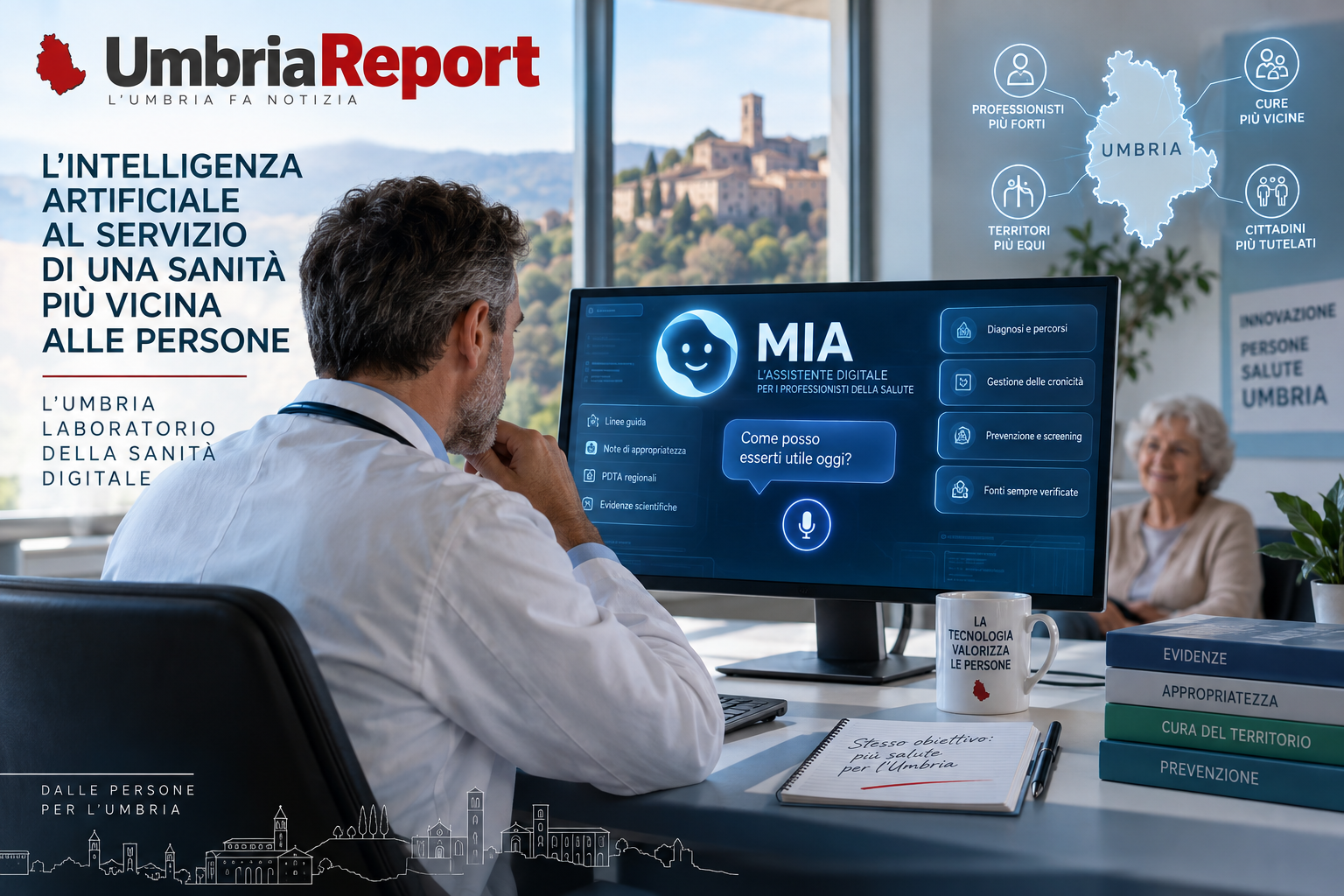 Intelligenza artificiale nella sanità umbra, illustrazione UmbriaReport dedicata alla sperimentazione della piattaforma MIA di AGENAS