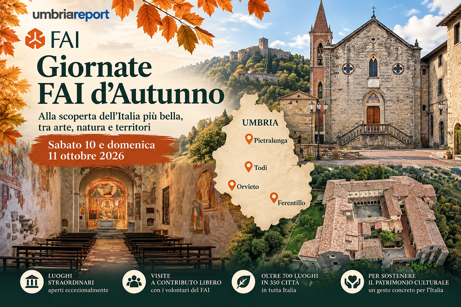 Giornate FAI d’Autunno 2026 in Umbria con Abbazia di San Pietro in Valle, Pieve di Pietralunga e Convento di Montesanto